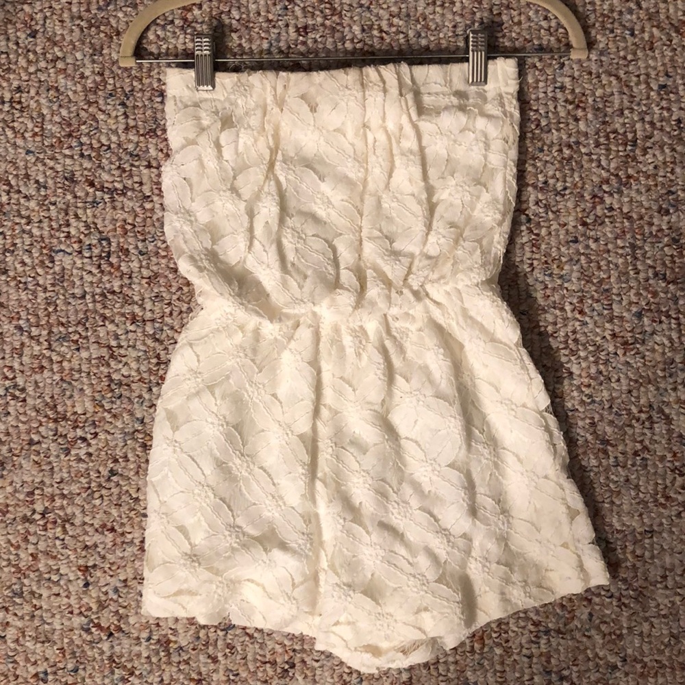 White strapless floral lace romper